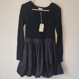 easel Black Long-Sleeve Knit Bodice Dress with Gathered Skirt